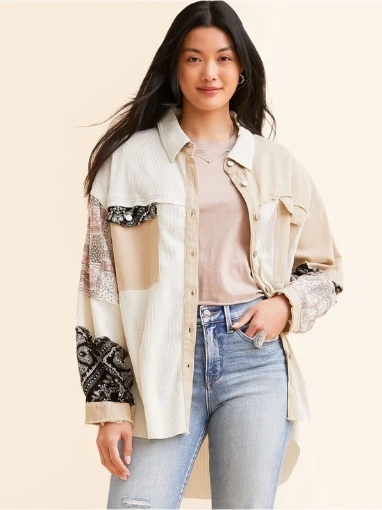 POL Patchwork Down Shirt Jacket - Beige, Cream, Black - Picture 2 of 6